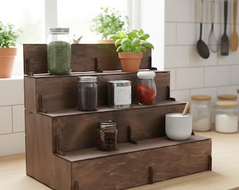 Wood spice shelf, Kitchen spice rack, Tiered spice shelf, Kitchen storage organizer