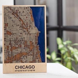 Plan des rues de Chicago en bois 3D, carte de la ville en bois Découpes de rues, cartes de l'état de l'Illinois, carte en bois, art du voyage, cadeau de Noël, mariage