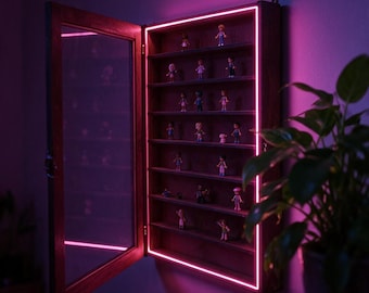 Wood Display Case with Glass Door, Wall Cabinet for Collectibles with LED Lighting