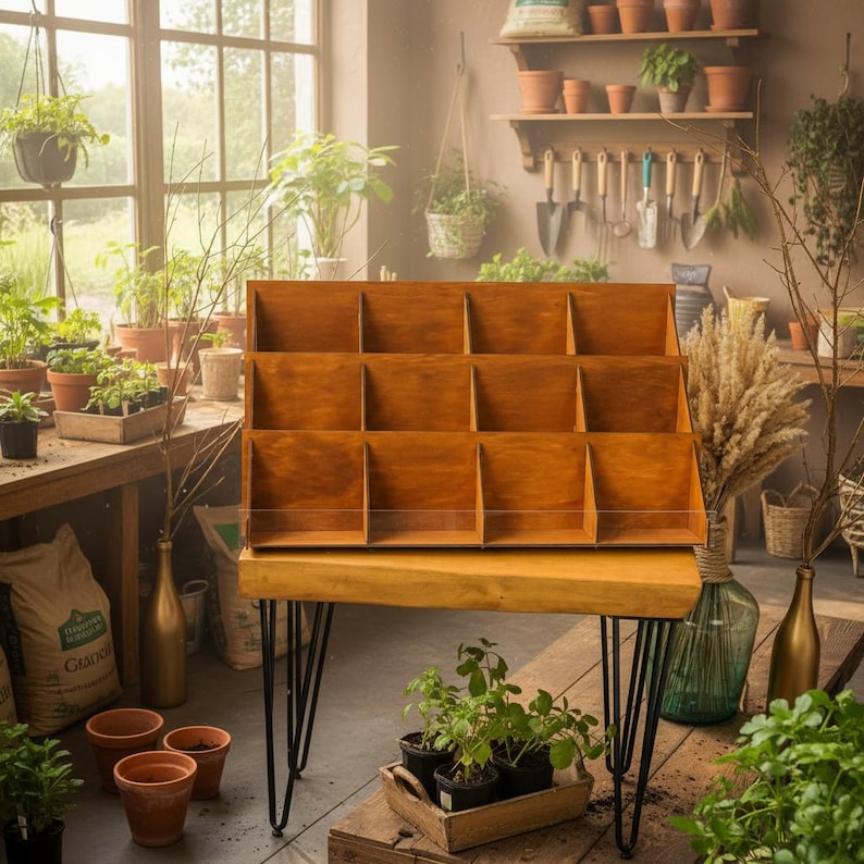 Pu&ograve; includere: Una mensola espositiva in legno con 12 scomparti poggia su un tavolo con gambe a forcina nere. La mensola &egrave; piena di piante e forniture per il giardinaggio, creando un'estetica rustica e naturale.