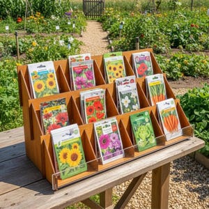 Pu&ograve; includere: Un espositore in legno pieno di bustine di semi con immagini di vari fiori e verdure. Le bustine mostrano immagini di girasoli, papaveri e carote. L'espositore &egrave; su un tavolo di legno in un giardino.