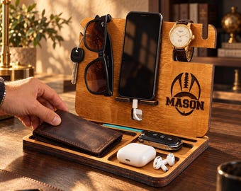 Wooden Docking Station, Phone Charging Stand, Personalized Desk Organizer