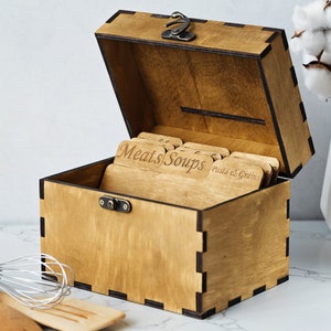 Rezeptbox mit Trennwänden, Rezeptbox aus Holz, Rezeptbox und Karten, Personalisierte Rezeptbox, Rustikale Rezeptbox, Benutzerdefinierte Rezeptbox aus Holz