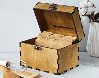 Caja de recetas con separadores, Caja de recetas de madera, Caja de recetas y tarjetas, Caja de recetas personalizada, Caja de recetas rústica, Caja de recetas personalizada de madera