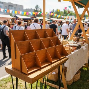 Pu&ograve; includere: Un espositore in legno con pi&ugrave; ripiani angolati, ideale per esporre prodotti in un mercato. L'espositore &egrave; in legno marrone chiaro e poggia su un tavolo con gambe in metallo nero. Sullo sfondo una folla di persone e bancarelle del mercato.