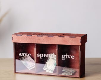 Tirelire en bois, tirelire d'économies personnalisée, tirelire d'économies, tirelire à compartiments divisés personnalisée, économisez sur les dépenses, économisez sur la tirelire