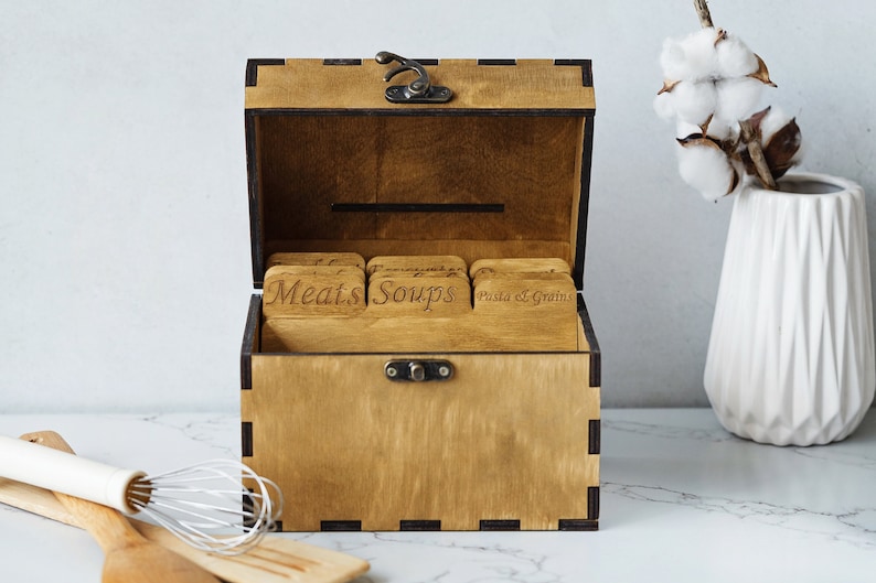Rustic Recipe Box Labels Wood Recipe Box With Dividers, Handmade Recipes Storage, Recipe ...