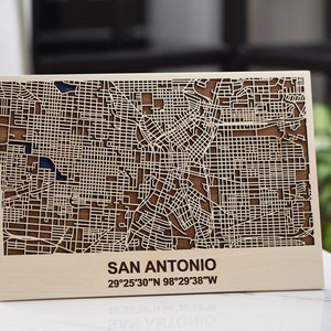 Carte murale en bois de San Antonio Art déco carte de San Antonio Cadeau de voyage 3D d'anniversaire Carte des rues Décoration d'intérieur industrielle Cadeau de voyage Bureau
