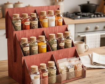 Tiered Spice Rack, Wooden Spice Organizer, Countertop Spice Shelf, Kitchen Seasoning Storage, Wooden Spice Holder