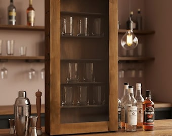 Bar Cabinet, Shot Glass Display Case, Wall Display Cabinet with Glass Door, Wooden Showcase