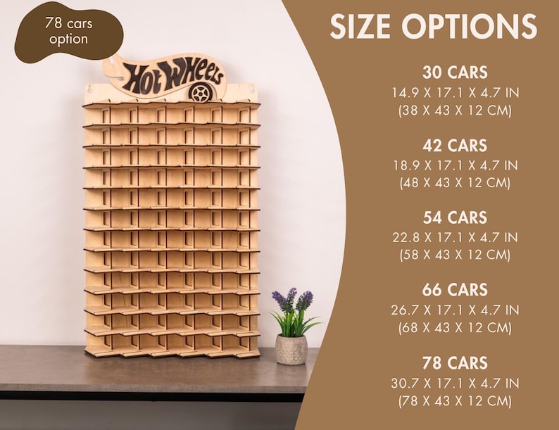 May include: A light-coloured wooden display rack with multiple horizontal shelves for toy cars, featuring a Hot Wheels logo at the top. The text lists size options for 30, 42, 54, 66, and 78 cars with dimensions in centimetres ranging from 38 to 78 cm wide.
