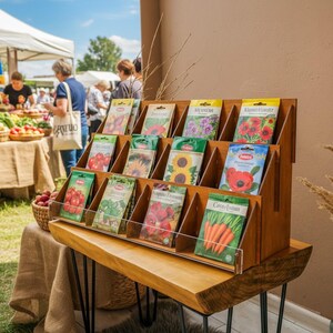 Pu&ograve; includere: Un espositore in legno pieno di bustine di semi, che mostra varie variet&agrave; di fiori e verdure. L'espositore &egrave; su un tavolo rustico di legno con gambe in metallo, in un mercato all'aperto. I clienti sono visibili sullo sfondo.