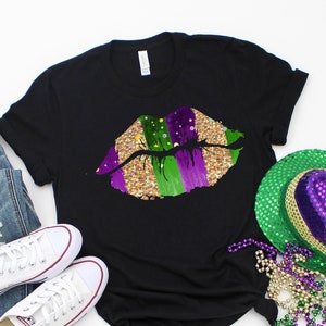 Mardi Gras Lips Fleur De Lis Shirt - Fat Tuesday Women&#39;s Tee (NO GLITTER)