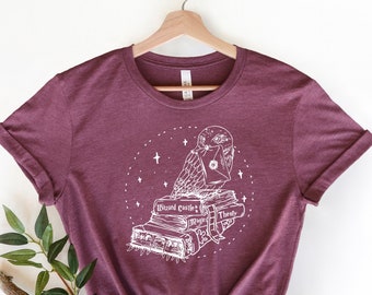 Owl on textbooks. Wizard Shirt, BFF shirts, Best friends shirt. Book reading magic shirt, bookish shirt, gift for reader, gift for teacher.