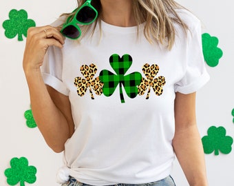 St Patricks Day Shirt: Green Buffalo Plaid & Leopard Shamrock