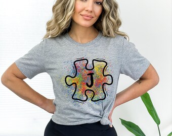 Custom Initial Autism Awareness T-Shirt: Splash Puzzle Piece Tee