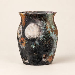 Peut inclure: Un vase en céramique avec un bord évasé et une surface texturée et tachetée. L'extérieur présente une couleur de base noire carbonisée avec des taches proéminentes de blanc, de vert cuivre oxydé et de tons orange brûlé sur tout le corps.