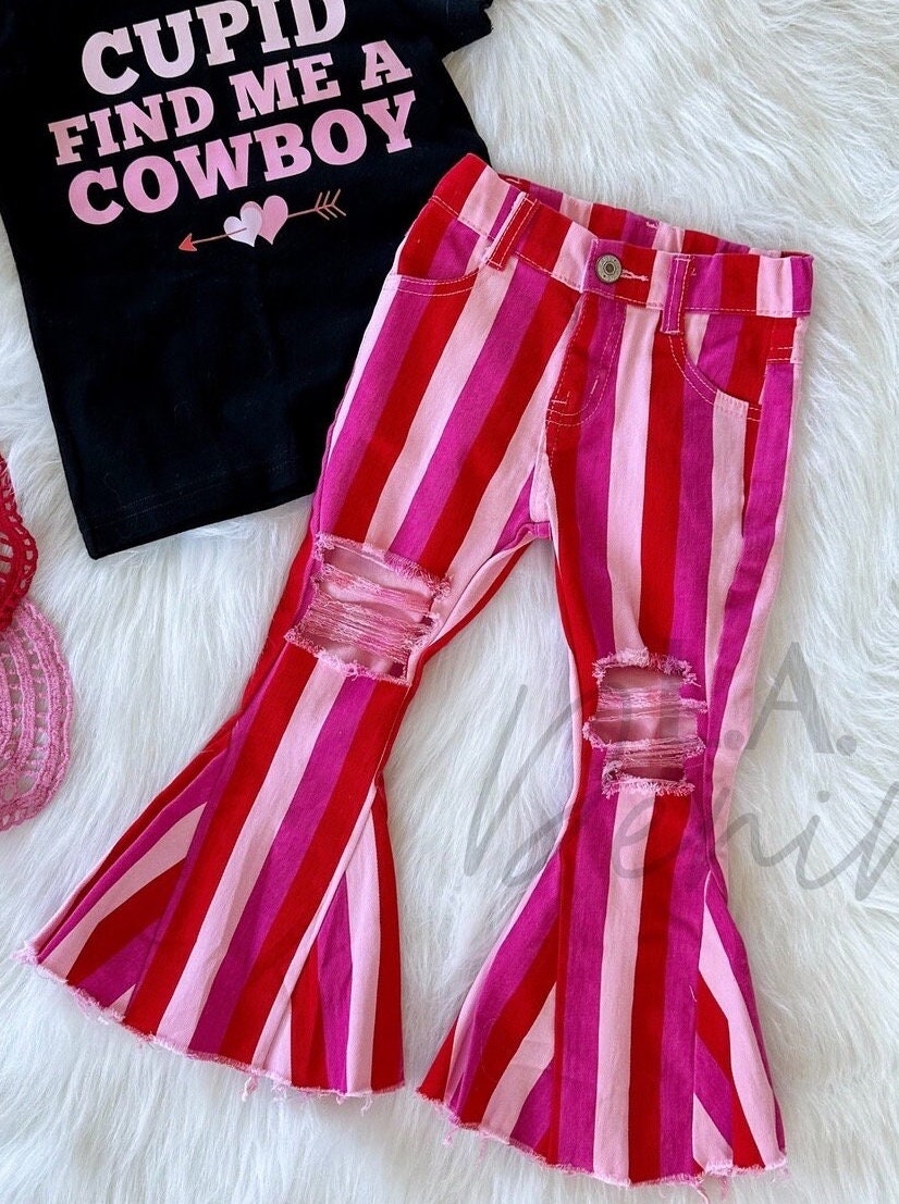 Valentines Day outfit for toddler, Bell Bottom Jeans baby, Ripped bell bottoms, baby girl, girls, kids, ripped jeans