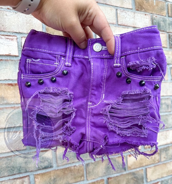 Toddler Girls Purple Halloween shorts, ripped denim Denim Shorts, halloween  outfit girls, baby, purple outfit, purple shorts - Main Image