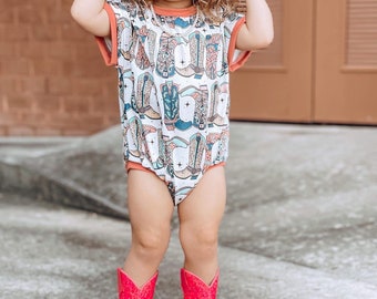 Toddler Western Outfit Handmade Oversized Short Sleeve Romper -Saddle Up Print- Cowgirl Boots- Cowgirl Romper- Toddler Cowgirl Outfit-