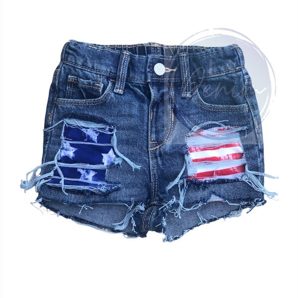 4th Of July Distressed Denim Shorts for Baby, Toddler, Girls- Patriotic Distressed Pocket Shorties-American Flag distressed jean shorts