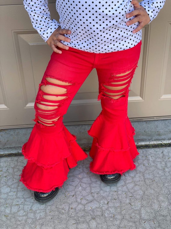 Toddler Kids Red Distressed Bell Bottom Jeans Ripped Bell Bottoms Bell Bottom Jeans for Christmas Distressed Jeans Toddler Outfit Etsy