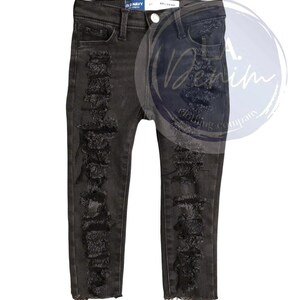 Black Ripped Jeans, Black distressed jeans, Toddler Jeans with holes, toddler jeans for girls, toddler jeans boys,toddler ripped jeans black immagine 4
