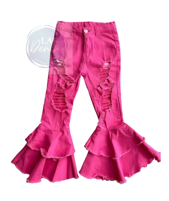 Toddler Kids Pink Distressed Bell Bottom Jeans, Ripped Bell