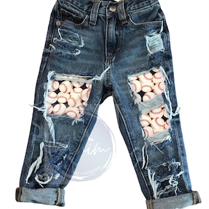 Distressed Baseball Patch Jeans, baseball jeans, patched jeans, baseball outfit for baby, girls, toddler girls, boys, toddler boys, baby boy