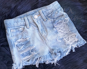 Baby/ Toddler Girls Distressed Shorts/ Ripped Denim Shorts with Fringe/ Frayed Distressed Blue Jean Shorts - Nashville Style Light Wash