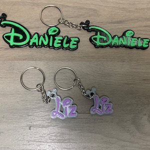 May include: Two sets of keychains with names on them. One set is green and black with the name "DANIELE" on each keychain. The other set is purple and silver with the name "Liz" on each keychain.