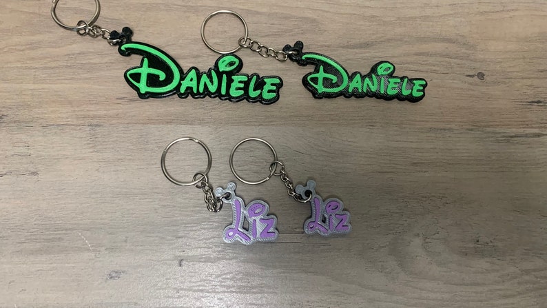 May include: Two sets of keychains with names on them. One set is green and black with the name "DANIELE" on each keychain. The other set is purple and silver with the name "Liz" on each keychain.