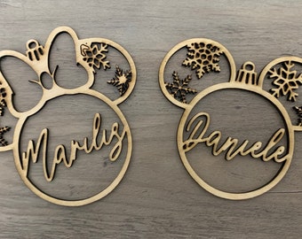 Mickey and Minnie Christmas, Personalized Mickey Mouse Tree Ornament, Custom Name Disney Ornament, Snowflake Ears Mickey Mouse Ornament