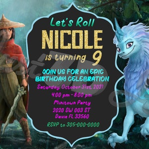 Op de afbeelding: Een verjaardagsuitnodiging voor een meisje genaamd Nicole die 9 jaar wordt. De uitnodiging toont een cartoonafbeelding van een meisje in een rode en groene outfit die een zwaard en een blauwe draak vasthoudt. De tekst op de uitnodiging luidt "Let's Roll Nicole is turning 9 Join us for an epic birthday celebration Saturday, October 31st, 2021 4:00 pm - 8:00 pm Minitown Party 2020 SW 003 ST Davie FL 33560 RSVP to 305-000-0000"