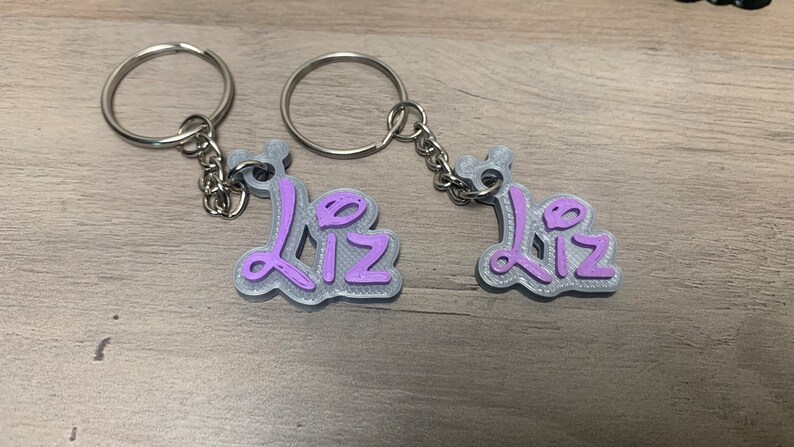 May include: Two silver keyrings with the name "Liz" written in purple on each. The keyrings are on a wooden surface.