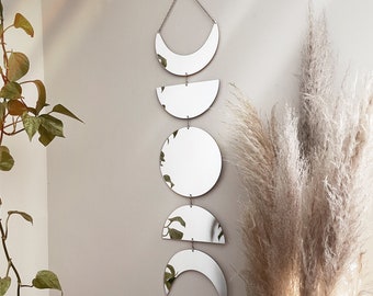 Moon phase decorative boho mirror | Boho moon wall hanging | phases of the moon wall garland | witchy decor gifts | Moon boho decor bedroom