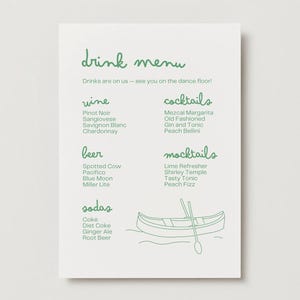 Menu de boissons de mariage Canoe Camp - Modèle imprimable DIY (plusieurs mises en page)