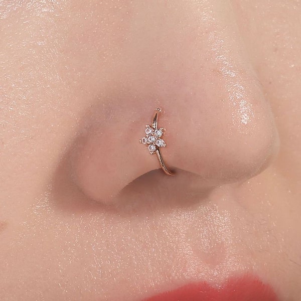Flower Copper Inlaid Zircon Nose Ring, Rose Gold Nose Ring