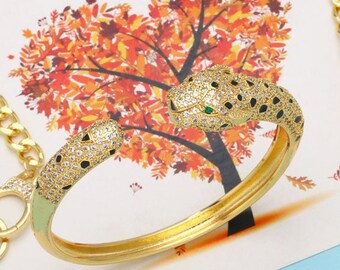 Panther Bracelet,Panther Bangle,Leopard Head Copper Bracelet Gold Plated Inlay Zircon Copper Bracelets Gold Filled Panther