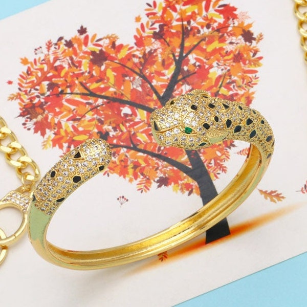 Panther Bracelet,Panther Bangle,Leopard Head Copper Bracelet Gold Plated Inlay Zircon Copper Bracelets Gold Filled Panther