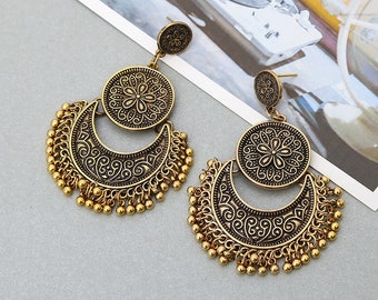 Bronze Boho Style Earrings with Bells, Antique gold earrings, Ethnic Earrings