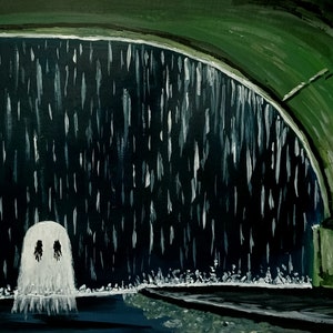 May include: A white ghost with two black eyes stands in front of a dark blue and white waterfall, under a green archway.