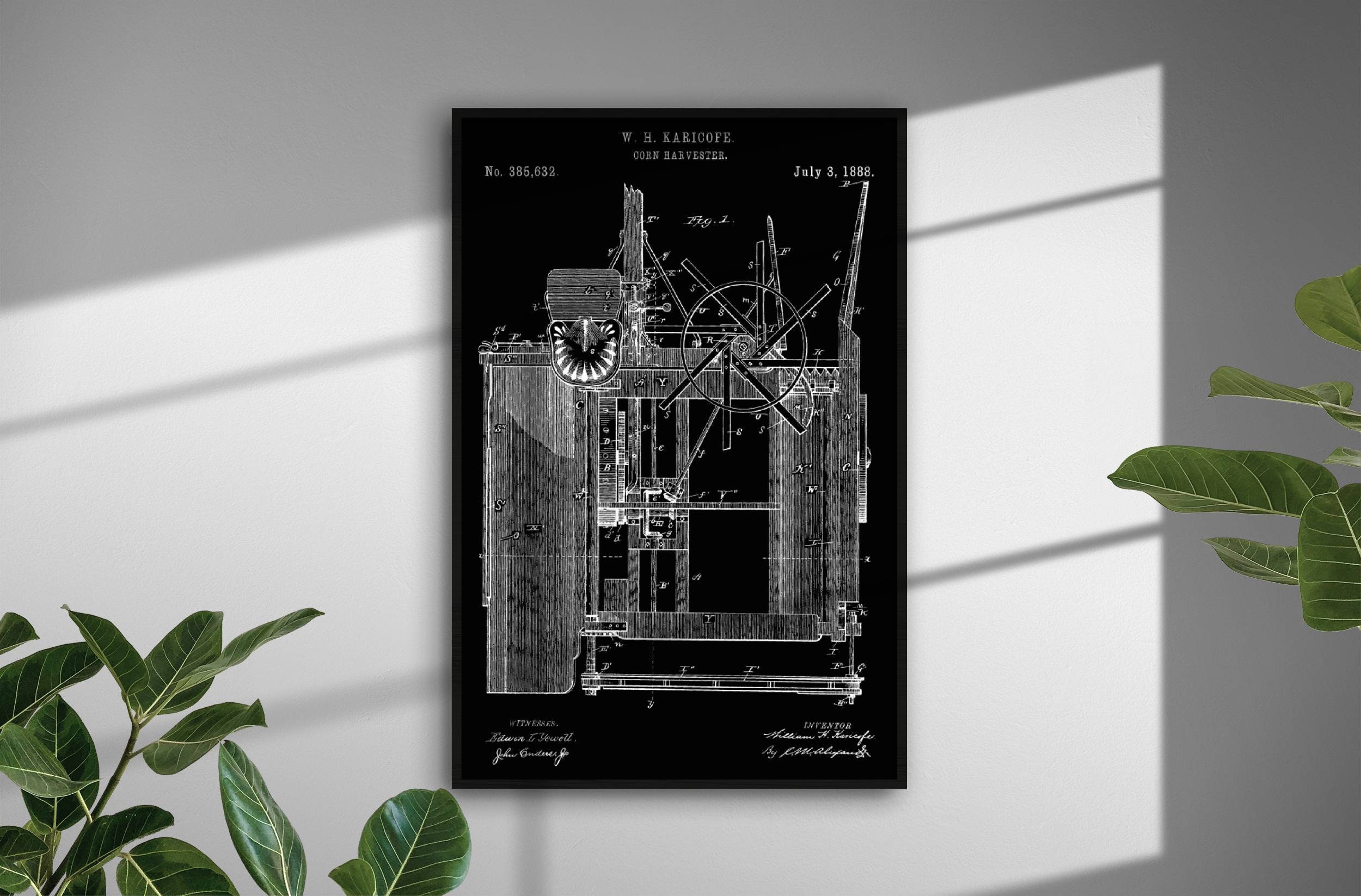 Patent, Brevet, 1888-Récolteuse de Maïs, Illustration Vintage , Art Print, Affiche, Art Mural, Poste