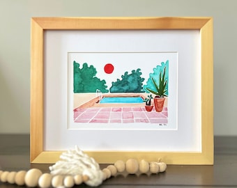 Garten pool Aquarell Druck | Moderne Boho Wandkunst | Buntes tropisches Design | Ungerahmte Kunstdruck