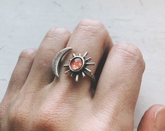 Moon and Sun Ring - Gold or Silver Sculptural Artsy Statement Ring with Sun and Crescent Moon - Cosmos Jewellery, Galaxy Outer Space Jewelry