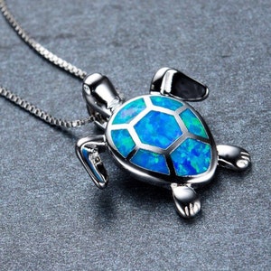 Cute Blue Opal Sea Turtle Pendant Necklaces For Women Female Animal Wedding Statement Chain Necklace Ocean Beach Jewelry Gift
