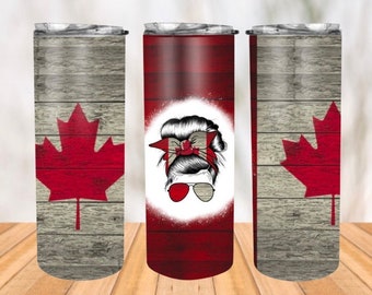 Canadian flag messy bun- 20 oz straight sided template- SEAMLESS Sublimation Tumbler Designs-