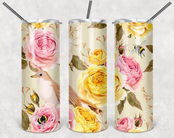 Pink Rose Bumble Bee Butterfly Floral Sublimation Design - 20 oz straight sided or tapered template- SEAMLESS Sublimation Tumbler Design
