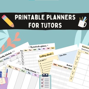 Op de afbeelding: Printbare plannerpagina's voor tutors, met een wekelijks schema, een "mijn week in een oogopslag" pagina, een "vooruitkijken" to-do lijst, een snelle lesplanner en een extra notitiepagina.