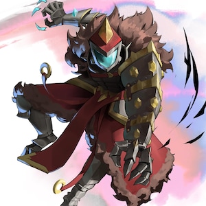 May include: An illustration of a warrior in action, clad in armor with a red cloak and fur trim. The warrior has a helmet with a blue visor and is posed dynamically with clawed gauntlets, set against a watercolor-style background.